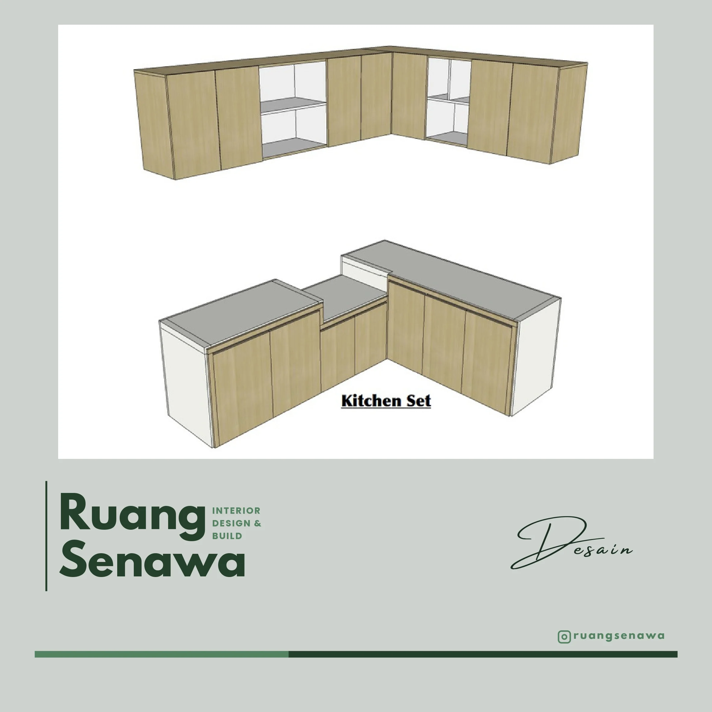 3D Concept: L-Shape Kitchen Layout Plan — Skema dan gambar kerja layout dapur bersih berbentuk L presisi Kota Render 3D Palu Ruang Senawa